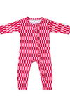 A baby long-sleeve footless one-piece jumpsuit with a red and white checkerboard pattern, featuring a snap-button front closure and white trim.