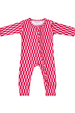 A baby long-sleeve footless one-piece jumpsuit with a red and white checkerboard pattern, featuring a snap-button front closure and white trim.