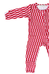 A baby long-sleeve footless one-piece romper with a red and white checkerboard pattern, laid flat on a white background.
