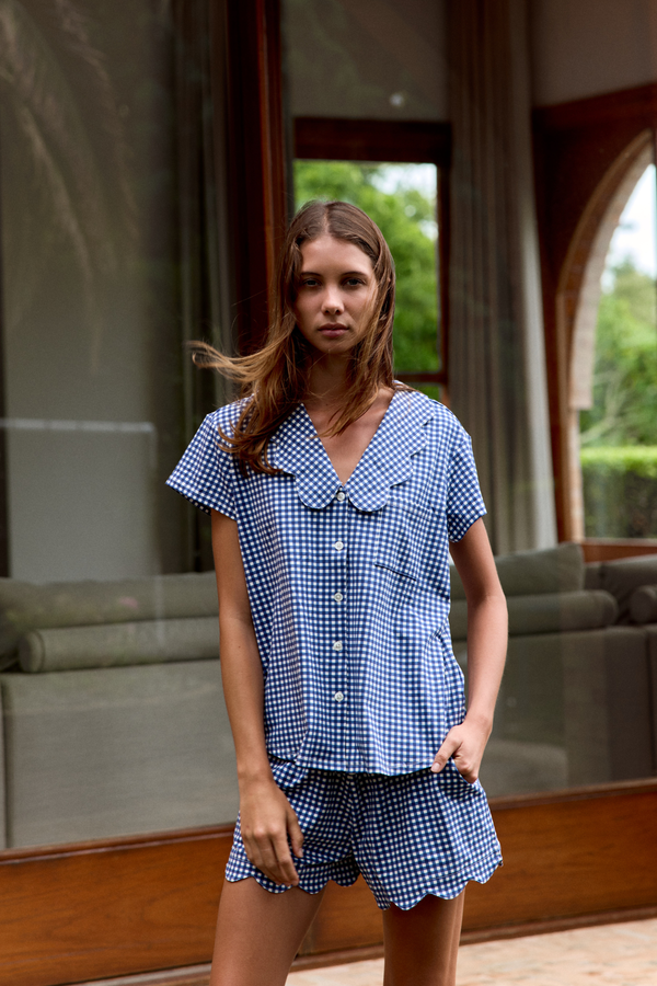 Ladies Scalloped Collared Short Set - NAVY GINGHAM