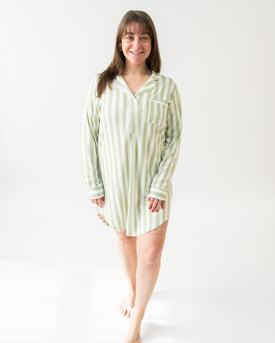 Ladies Collared Nightgown - MELON STRIPE