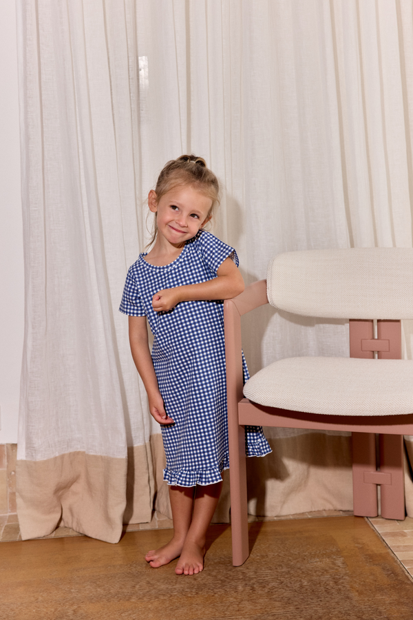 Short Sleeve Ruffled Sleep Dress - NAVY GINGHAM