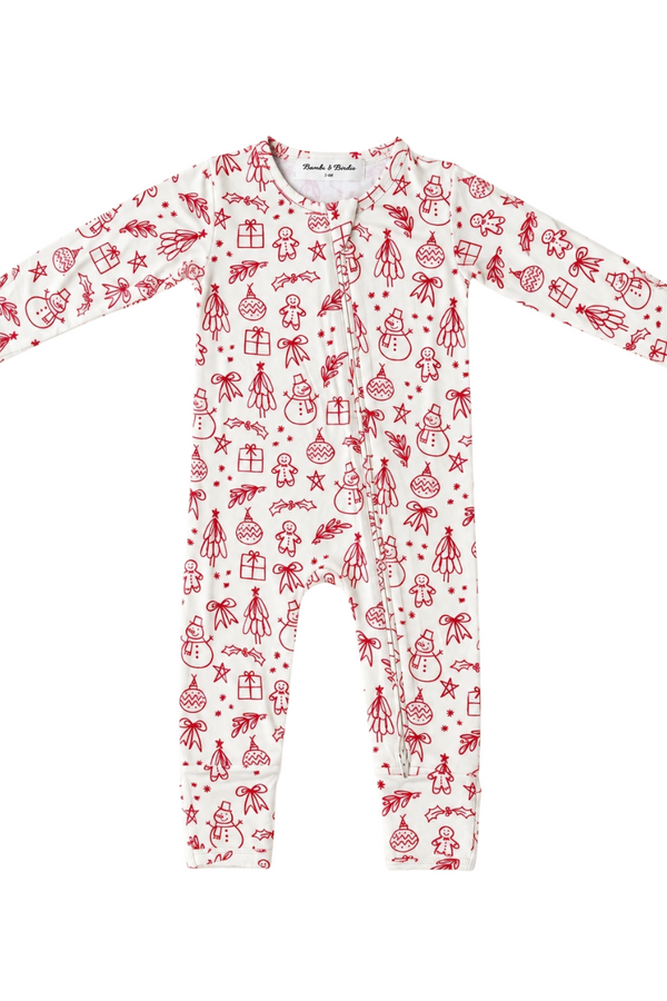 A baby long-sleeve footless one-piece jumpsuit in white with a red Christmas-themed all-over print, laid flat on a white background.