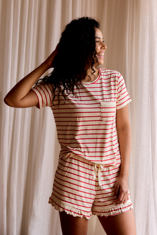 Ladies Ruffled Short Set - RED STRIPE
