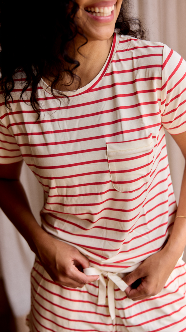 Ladies Ruffled Short Set - RED STRIPE