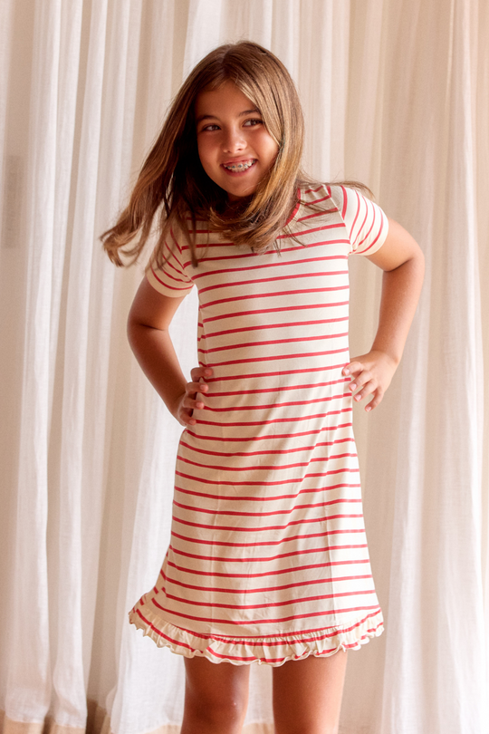 Short Sleeve Ruffled Sleep Dress - RED STRIPE