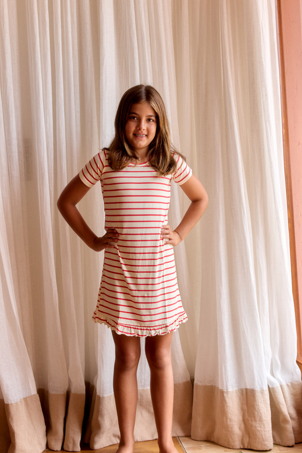 Short Sleeve Ruffled Sleep Dress - RED STRIPE