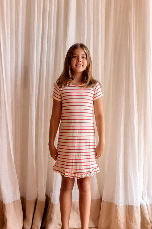 Short Sleeve Ruffled Sleep Dress - RED STRIPE