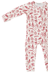 A long-sleeve baby footed sleeper with an all-over red Christmas-themed print on a white background, featuring illustrations of snowmen, gingerbread men, ornaments, stars, and gifts. The brand 'Breezeways' is visible on the inner neck label.