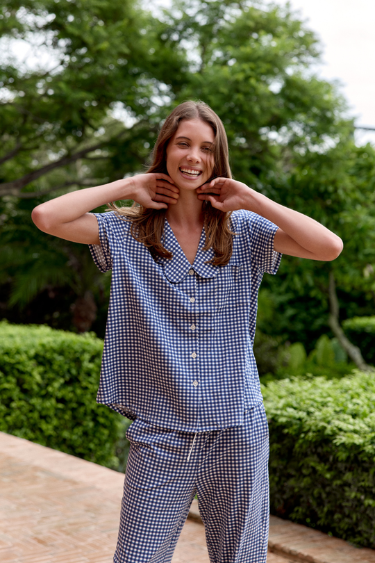 Ladies Scalloped Collared Pant Set - NAVY GINGHAM