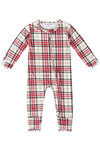 A baby long-sleeve footless one-piece jumpsuit in a red, black, and beige plaid pattern, shown flat on a white background.