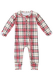 A baby long-sleeve footless one-piece jumpsuit in a red, black, and beige plaid pattern, shown flat on a white background.