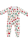 A baby long-sleeve footed one-piece sleeper with a festive Christmas print on an off-white background. The print features red and green stockings, gingerbread men, Christmas trees, snowman figures, and small houses.