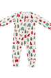 A baby long-sleeve footed one-piece sleeper with a festive Christmas print on an off-white background. The print features red and green stockings, gingerbread men, Christmas trees, snowman figures, and small houses.
