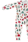 A baby long-sleeve footless sleep sack with a festive Christmas print on a white background. The pattern features red and green holiday motifs including stockings, gingerbread men, Christmas trees, hot cocoa mugs, and small houses.