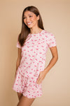 AU | Ladies Ruffled Short Set - PINK CHERRY HEART