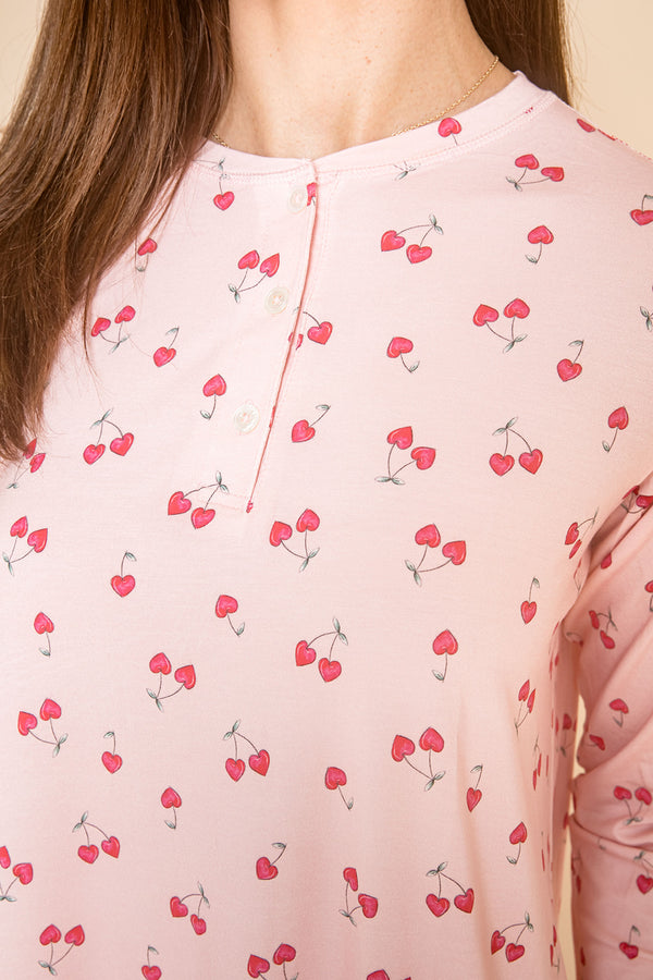 Ladies Henley Nightgown - PINK CHERRY HEART