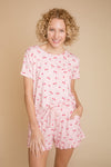 Ladies Ruffled Short Set - PINK CHERRY HEART