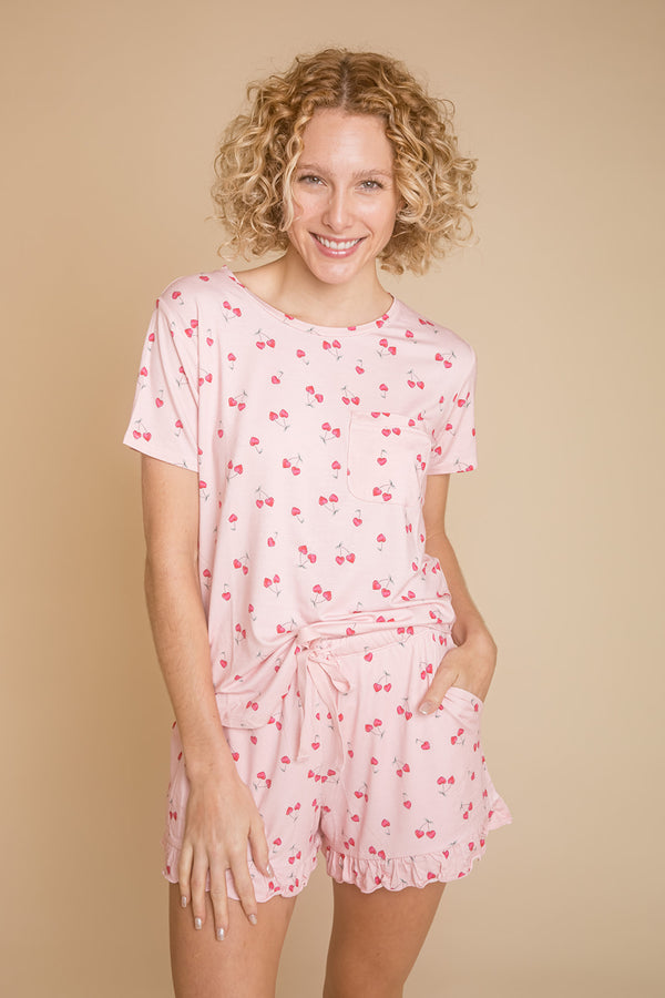 AU | Ladies Ruffled Short Set - PINK CHERRY HEART