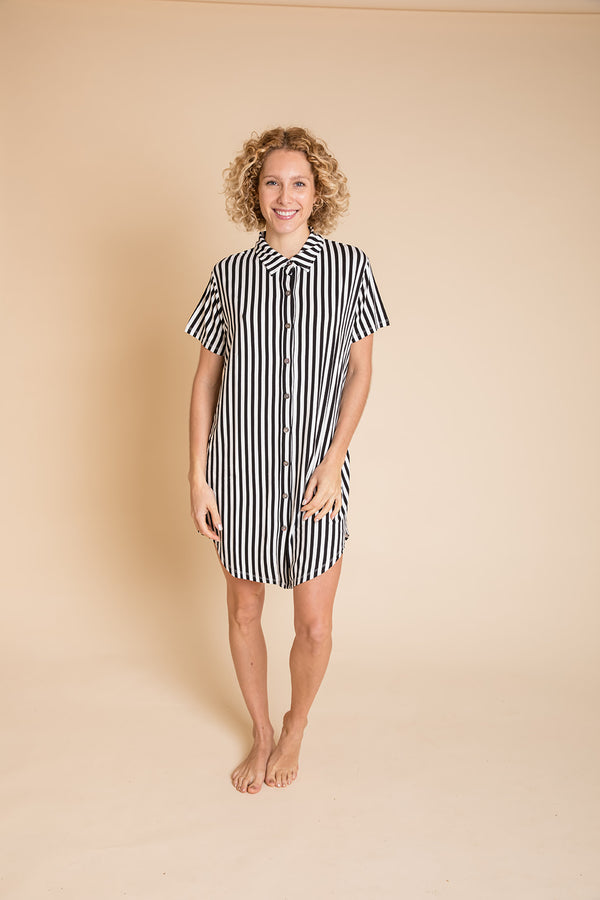 Ladies Lounge Dress - BLACK AND WHITE STRIPE