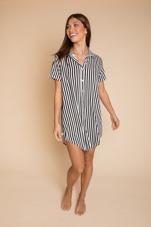 Ladies Lounge Dress - BLACK AND WHITE STRIPE