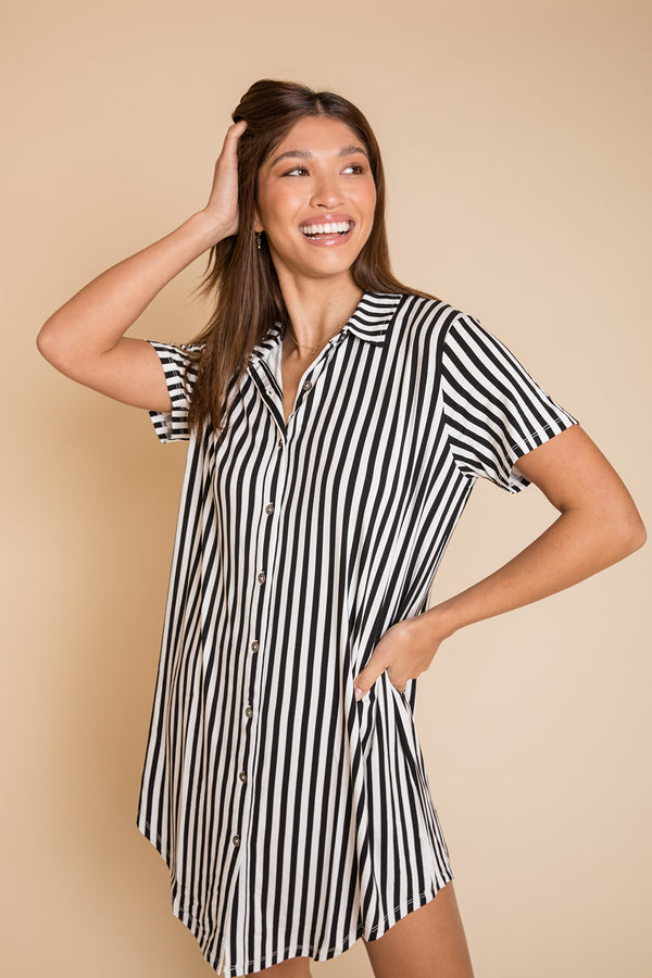 Ladies Lounge Dress - BLACK AND WHITE STRIPE