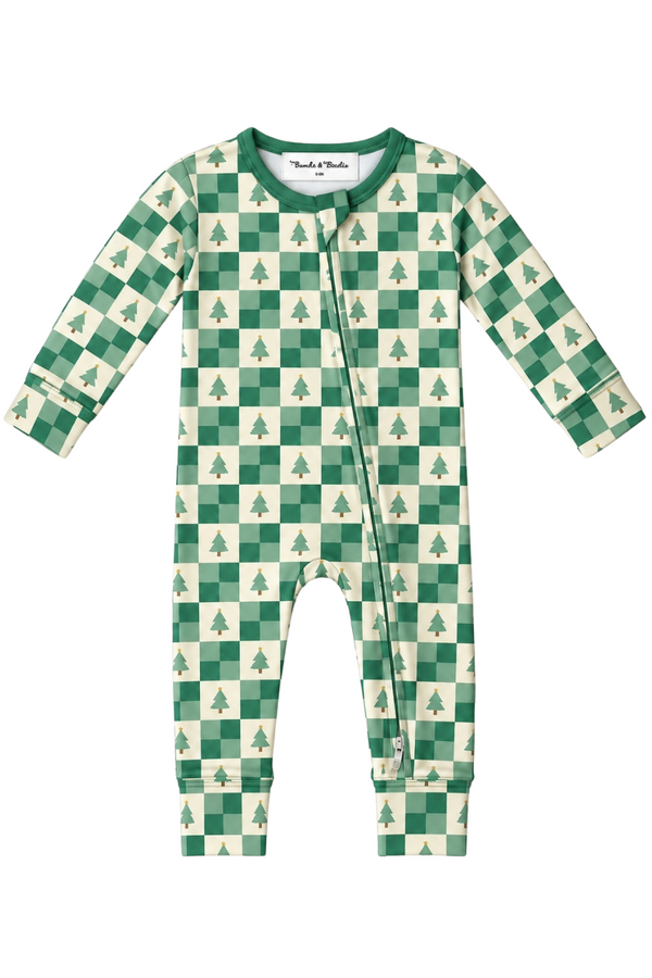 A baby long-sleeve footless one-piece jumpsuit with a green and cream checkerboard pattern decorated with small Christmas tree motifs, shown on a plain white background.