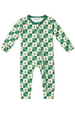 A baby long-sleeve footless one-piece jumpsuit with a green and cream checkerboard pattern decorated with small Christmas tree motifs, shown on a plain white background.
