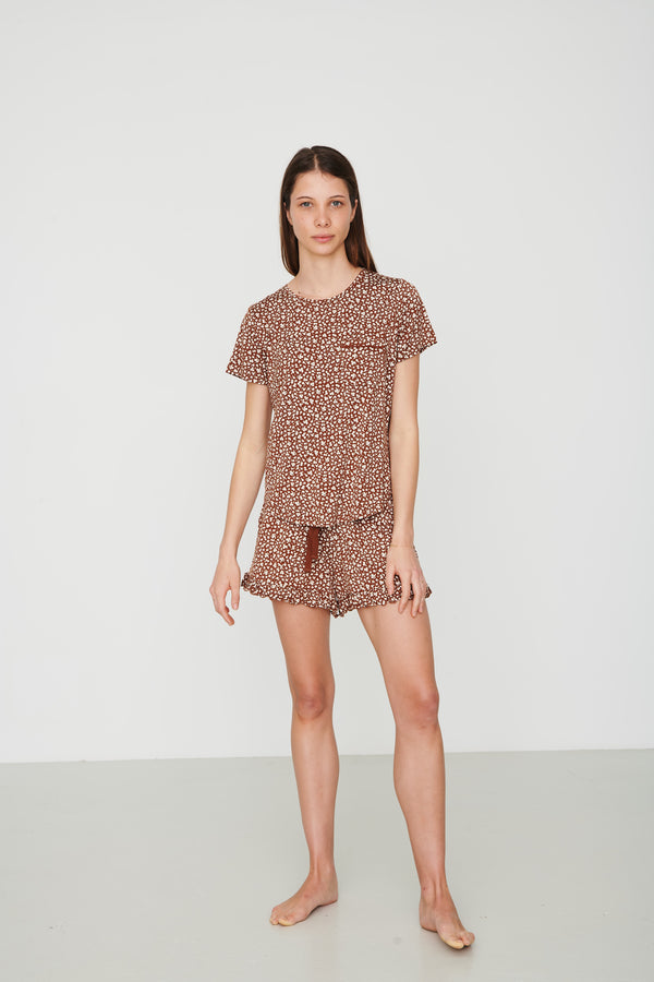 Ladies Ruffled Short Set - BROWN FLORAL