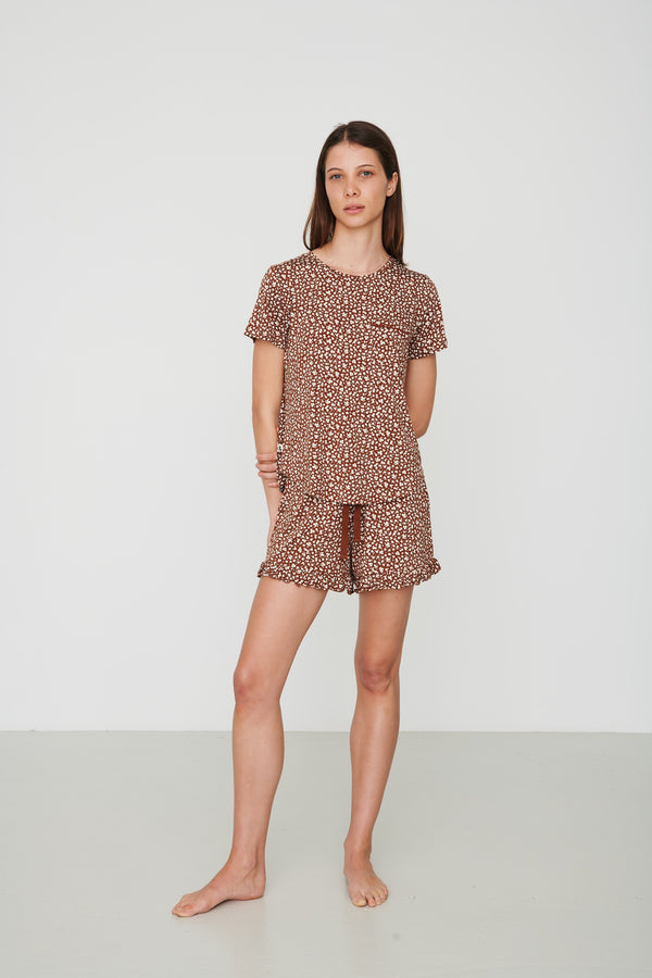 Ladies Ruffled Short Set - BROWN FLORAL