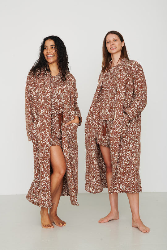 Ladies Quilted Robe - BROWN FLORAL