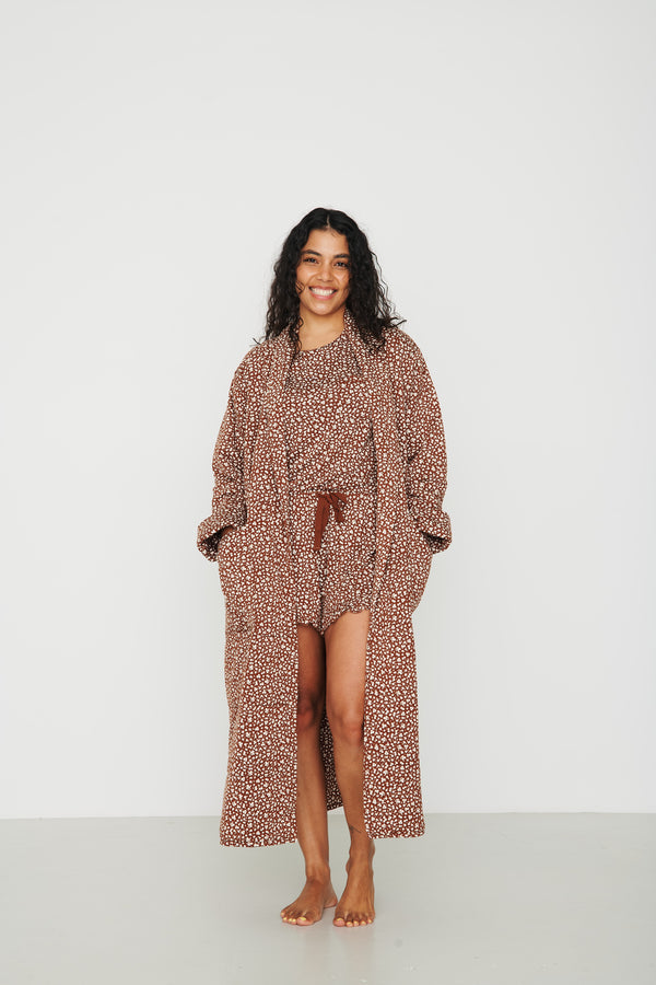 Ladies Quilted Robe - BROWN FLORAL