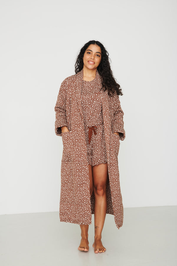 Ladies Quilted Robe - BROWN FLORAL
