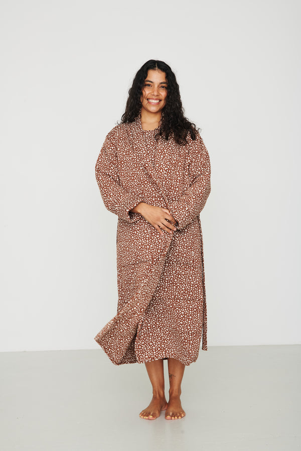 Ladies Quilted Robe - BROWN FLORAL