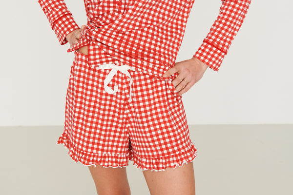 Ladies Ruffled Short Set - RED GINGHAM