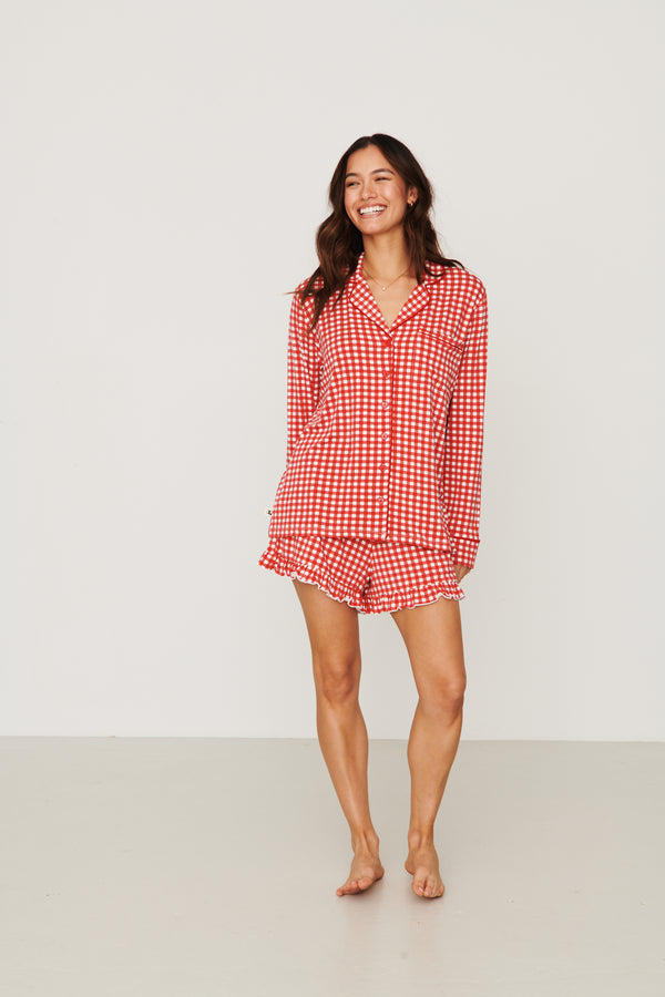 Ladies Ruffled Short Set - RED GINGHAM