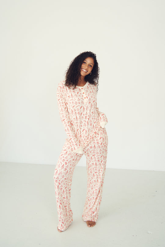 Ladies Henley Wide Leg Set - HOLIDAY SKETCH