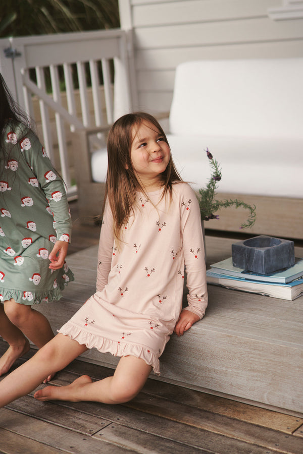 Long Sleeve Ruffled Sleep Dress - REINDEER