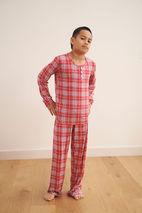 YOUTH Henley Wide Leg Pant Set - RED PLAID