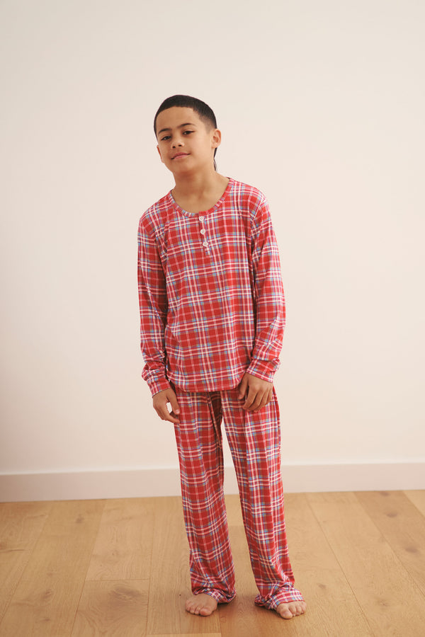 YOUTH Henley Wide Leg Pant Set - RED PLAID