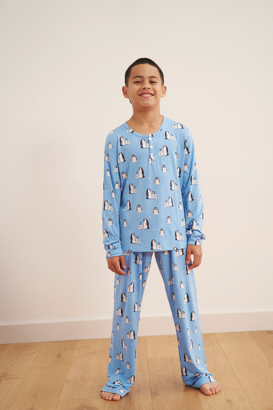 YOUTH Henley Wide Leg Pant Set - PENGUINS