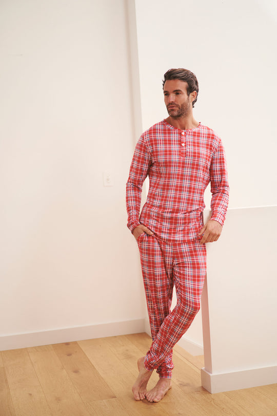 Men's Henley Jogger Set - RED PLAID