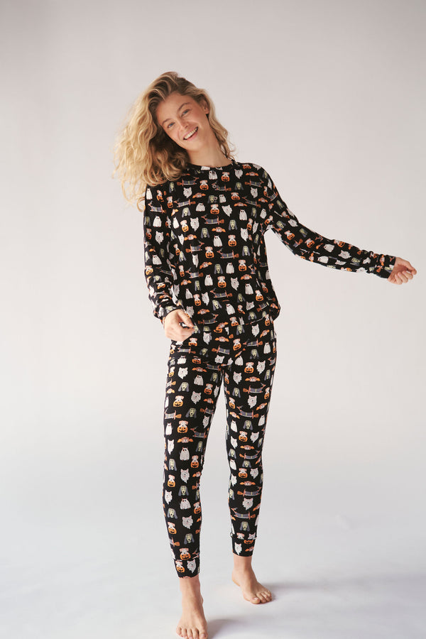 Ladies Henley Jogger Set - SPOOKY DOGS