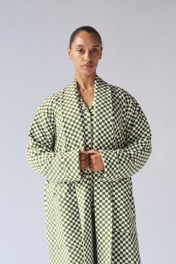 Ladies Quilted Robe - GREEN CHECK