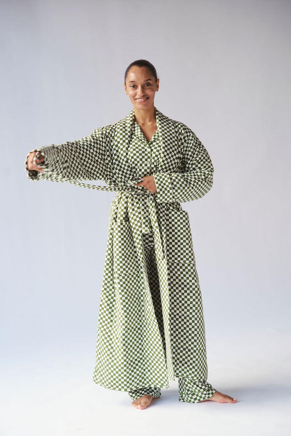 Ladies Quilted Robe - GREEN CHECK