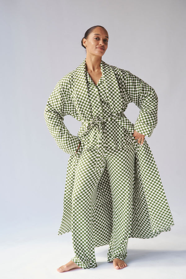 Ladies Quilted Robe - GREEN CHECK