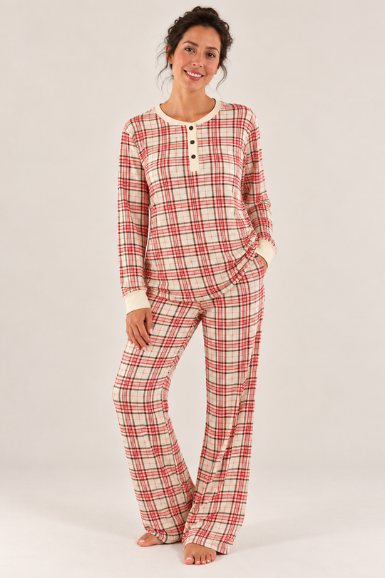 Ladies Henley Wide Leg Set - CHRISTMAS TARTAN