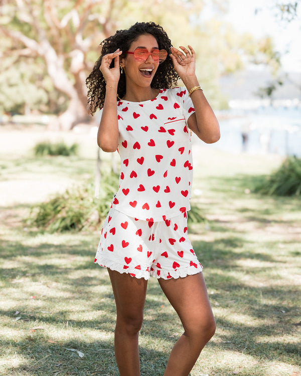 Ladies Ruffled Short Set - RED HEART