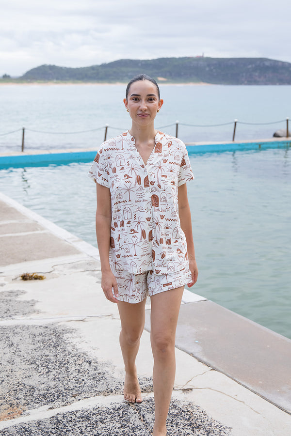 Ladies Mandarin Collar Short Set - SURF SHACK
