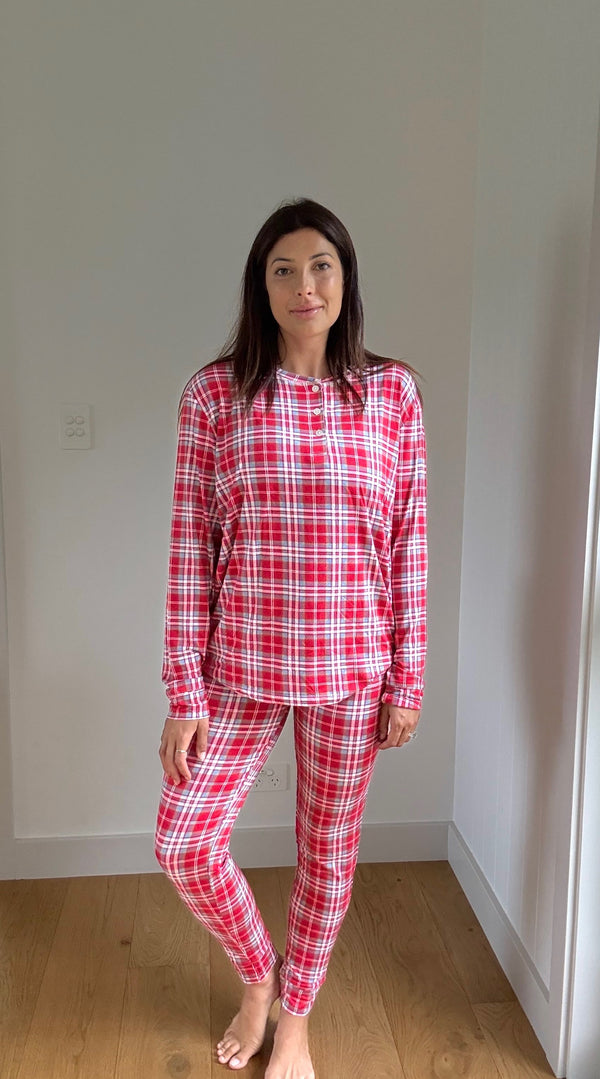 Ladies Henley Jogger Set - RED PLAID